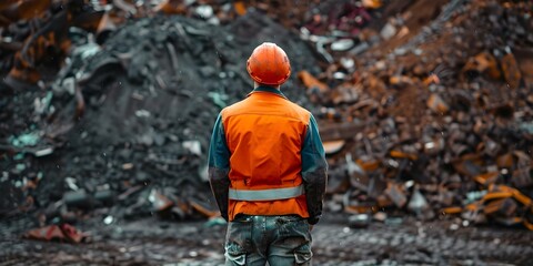 Obraz premium Worker facing large colorful waste piles at landfill site. Concept Landfill Waste, Environmental Impact, Workers' Perspective, Waste Management, Colorful Landscape