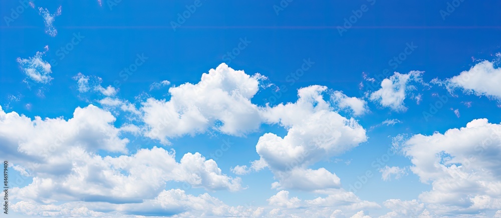 Aufkleber Fluffy white clouds drift through the sky over a vast expanse of lush green grass field. with copy space image. Place for adding text or design