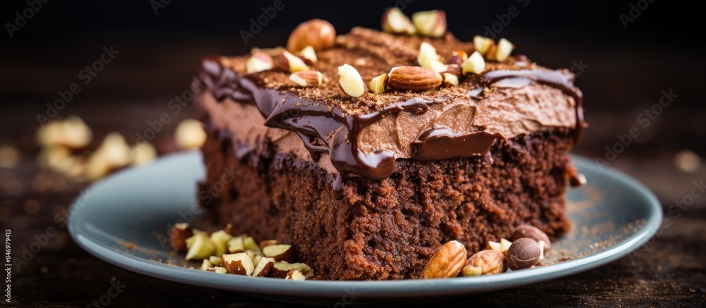 Fototapete delicious chocolate cake topped with nuts on a plate with fudge frosting - the ultimate treat. with 