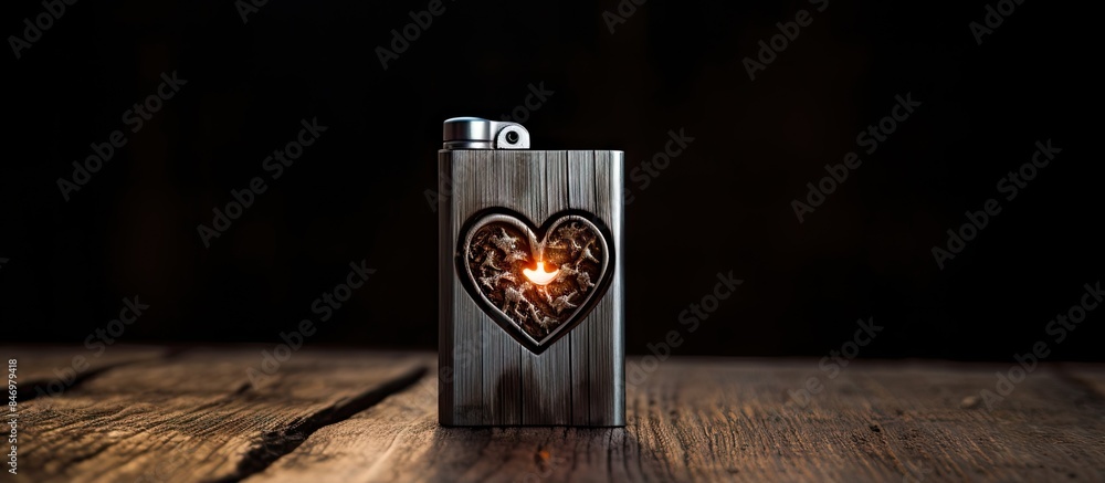 Poster Old steel lighter shaped like a heart on a wooden backdrop, emphasizing love and romance. with copy space image. Place for adding text or design