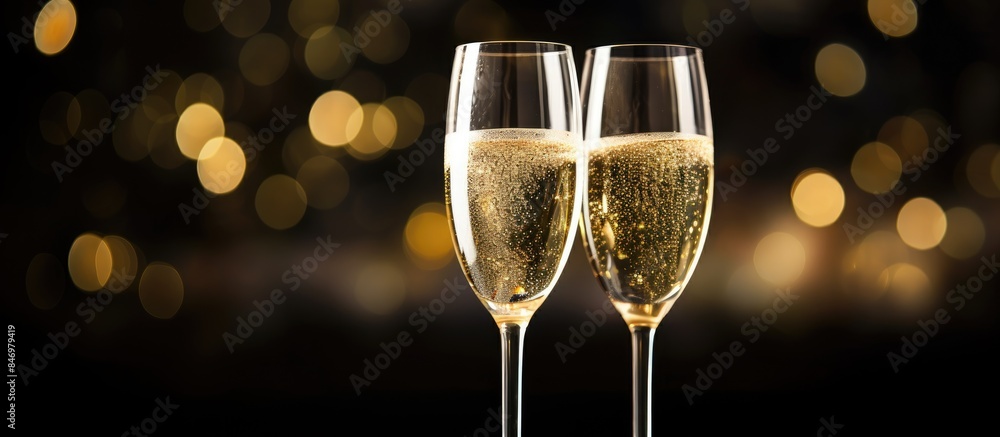 Poster celebratory coupes filled with sparkling wine placed on a table, set against a dark background. with