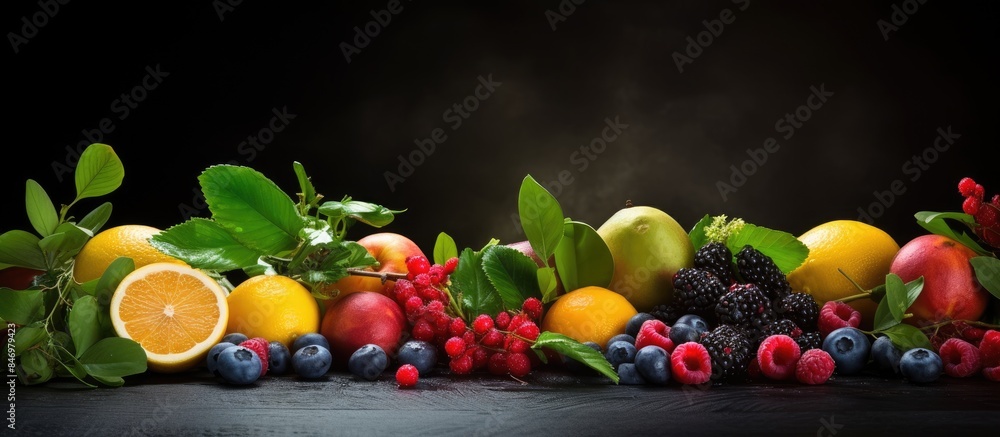 Leinwandbilder Fresh selection of various fruits, berries, and herbs artistically arranged on a tabletop surface. with copy space image. Place for adding text or design