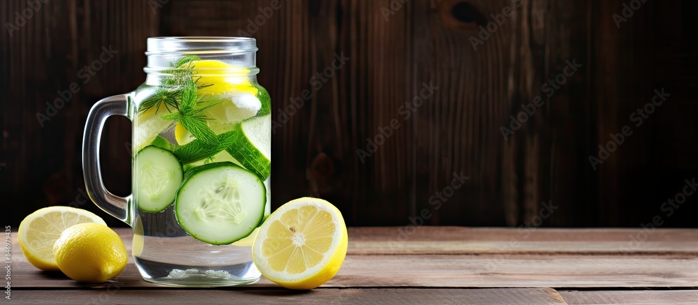 Poster Glass jar filled with refreshing cucumber and mint, accompanied by slices of fresh lemon on a wooden table. with copy space image. Place for adding text or design