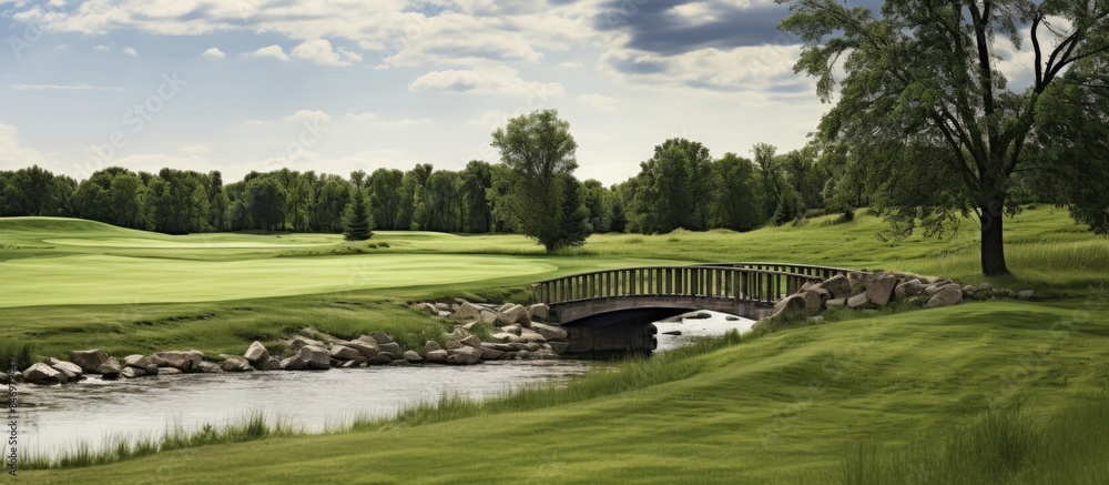 Aufkleber Stream bridge leads to a lush golf course with trees under cloudy sky. with copy space image. Place for adding text or design