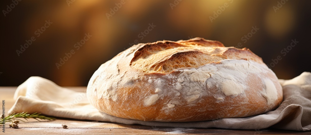 Leinwandbilder freshly baked round artisan sourdough bread loaf placed on a cloth material for a rustic and wholeso
