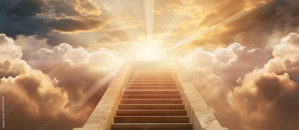 Poster Ladder ascends towards the bright sky with fluffy clouds in a religious or spiritual concept setting, symbolizing a stairway to heaven. with copy space image. Place for adding text or design
