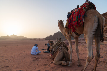 Dos beduinos miran el atardecer con sus camellos en el desierto de Wadi Rum, Jordania.