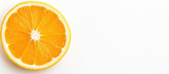 Fototapeta premium Half of fresh orange fruit placed on a clean white surface, showcasing vibrant color and juicy texture. with copy space image. Place for adding text or design
