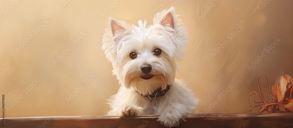 Poster a cute and adorable pet portrait of a white dog sitting on a wooden bench with a leash. with copy sp