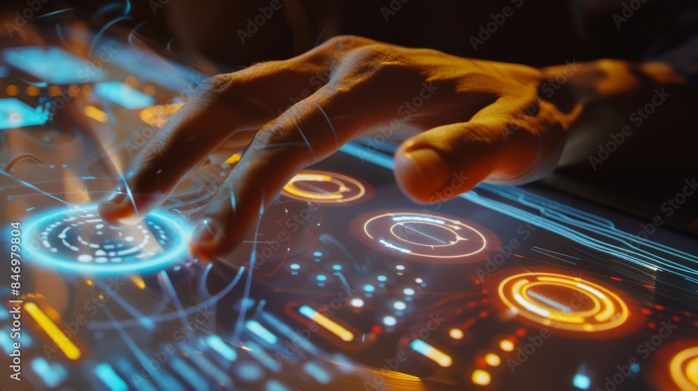 Poster close-up: fingers tapping on the screen, showing interactive exercises and pronunciation feedback.