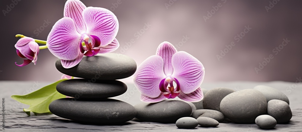 Poster A serene composition of violet orchids and smooth stones artfully displayed on a flat surface with a matching purple background. with copy space image. Place for adding text or design