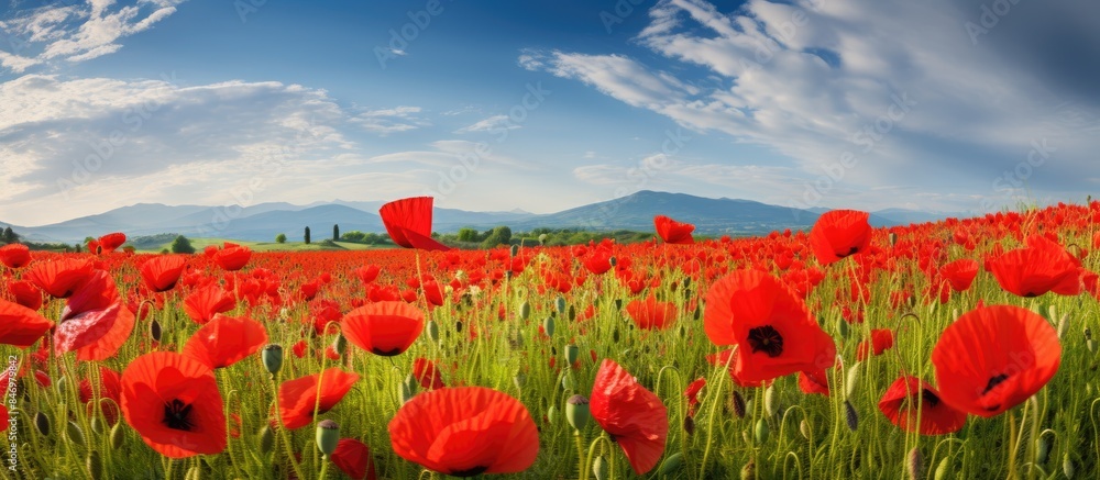 Leinwandbilder a vibrant expanse of red flowers stretches out under the towering presence of distant mountains. wit