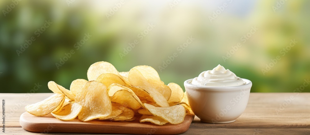 Aufkleber close-up of golden potato chips served with a creamy sour cream dipping sauce in a ceramic bowl. wit