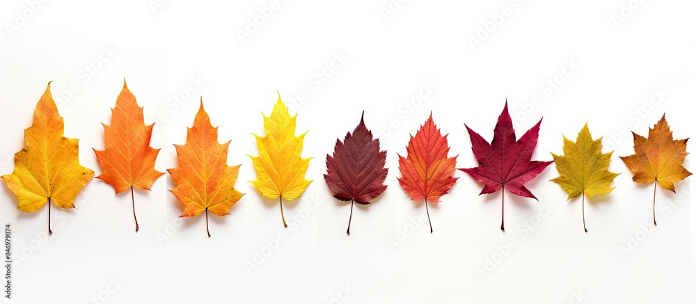 Fototapete Close-up view of a variety of colored autumn leaves arranged in a row on a white surface. Set of colorful leaves isolated on a white background. with copy space image. Place for adding text or design