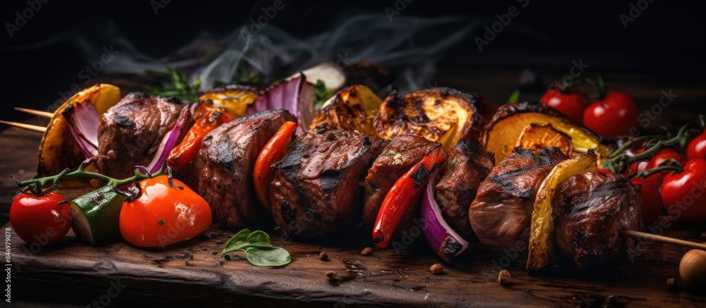 Aufkleber Assorted meat chunks and vegetables skewered together on a stick for barbecuing, with a focus on the meat from a close distance. with copy space image. Place for adding text or design