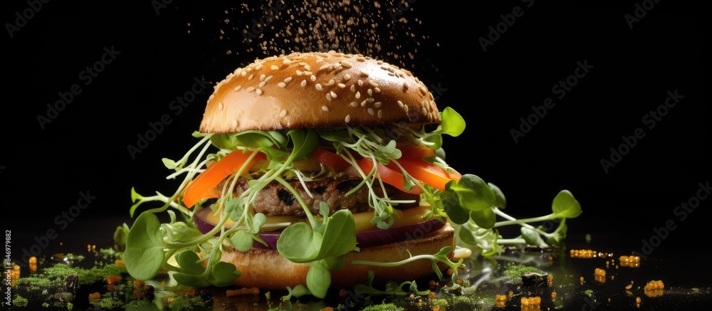 Aufkleber delicious vegetarian burger featuring soy sprouts, radish, and crisp salad on a sesame seed bun. wit