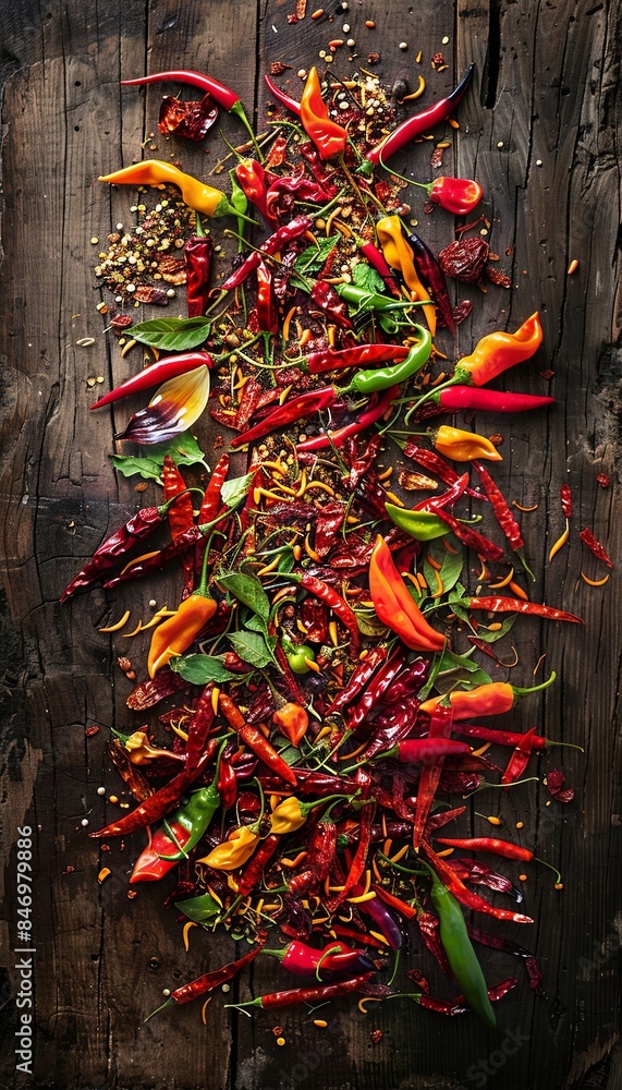 Poster A mix of fresh and dried chili peppers are displayed on a wooden surface. The colors and textures of the peppers create a vibrant and appealing scene. Generative AI