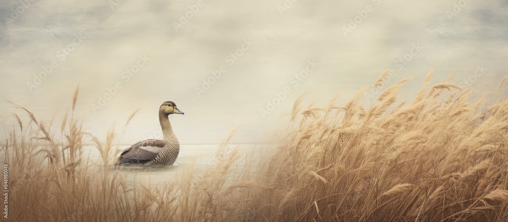 Leinwandbilder a duck gracefully glides through the water, surrounded by lush tall grasses as it interacts with its