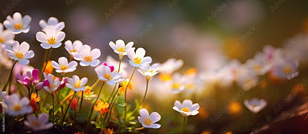 Leinwandbilder field of grass with flowers blooming under the sunlight. with copy space image. place for adding tex
