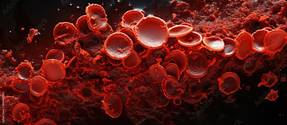 Poster Vein showing blood cells with a high number of erythrocytes in a microscopic slide. with copy space image. Place for adding text or design