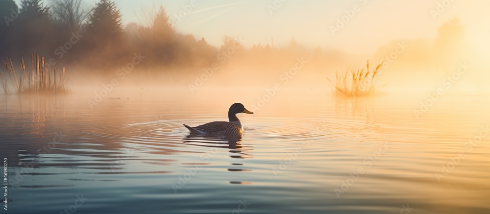 Poster Duck glides smoothly through the serene waters on a foggy day. with copy space image. Place for adding text or design