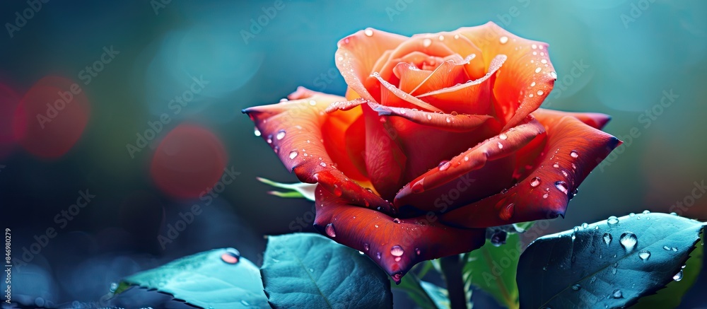 Aufkleber a captivating image of a rose covered in delicate water droplets, illuminated by soft, ambient light