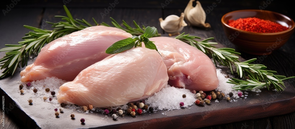 Poster Raw chicken arranged on a wooden cutting board with a mix of various herbs and spices for cooking. with copy space image. Place for adding text or design