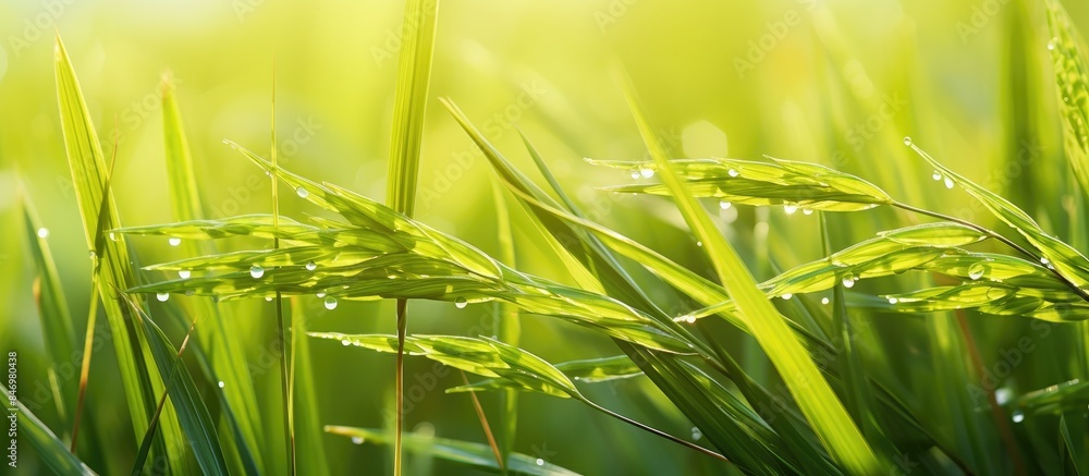 Aufkleber lush green grass covered with sparkling water droplets, under the radiant sunlight. with copy space 