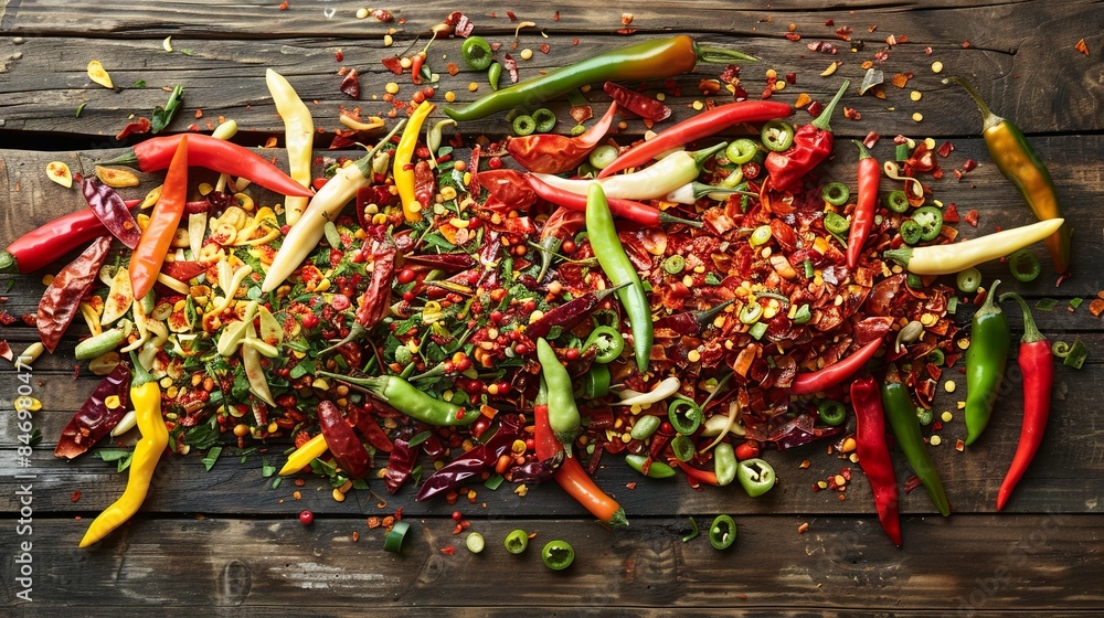 Poster a vibrant mix of fresh and dried chili peppers of various colors and sizes are scattered across a we