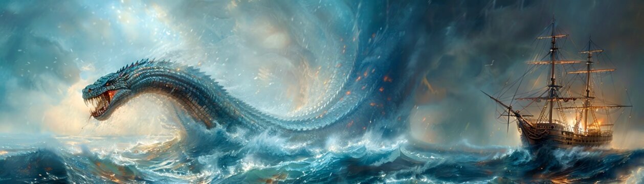 A gigantic sea serpent emerges from the depths of the ocean, its massive body dwarfing the ship that sails nearby