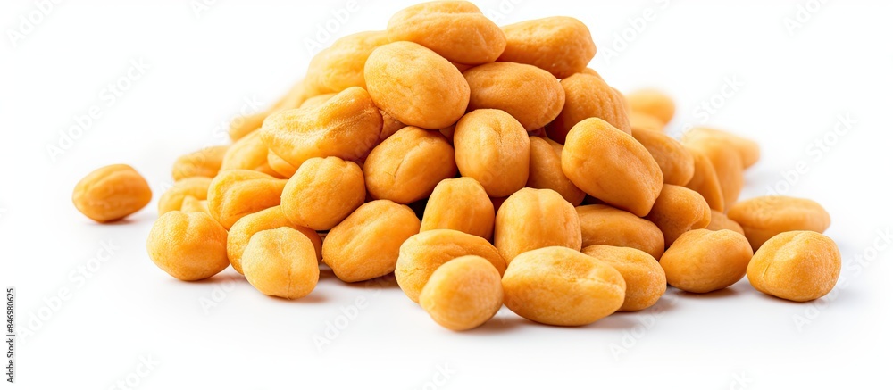Poster pile of peanuts seen up close on a clean white table, showcasing their texture and color. with copy 