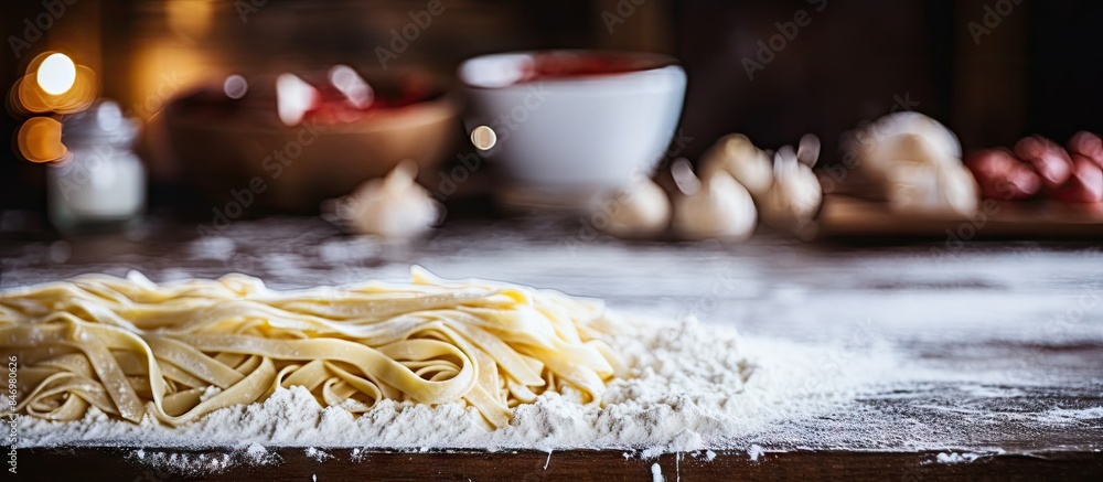 Poster raw spaghetti noodles arranged with sprinkled flour on a wooden table with selective focus. with cop