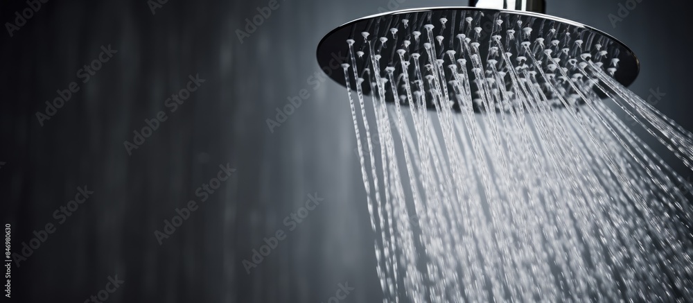 Aufkleber Water flowing from a shower head in a close-up view, showcasing the smooth stream of water. with copy space image. Place for adding text or design