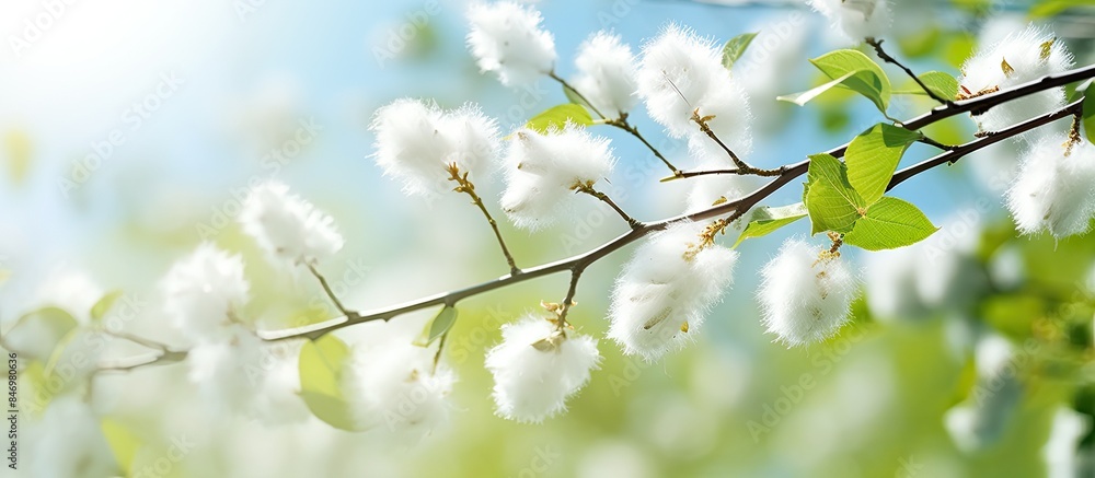 Aufkleber Summer branch of poplar tree with soft white flowers and fuzzy textures. with copy space image. Place for adding text or design