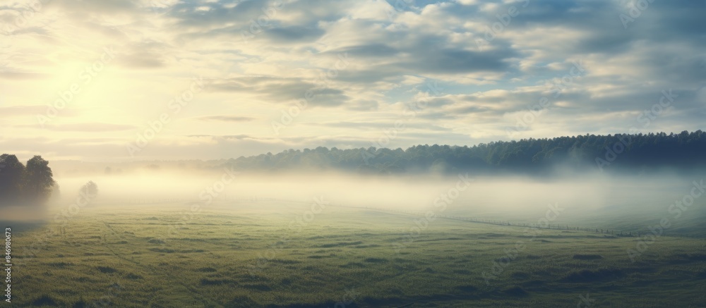 Poster Lush green field with scattered trees obscured by gentle morning mist. with copy space image. Place for adding text or design