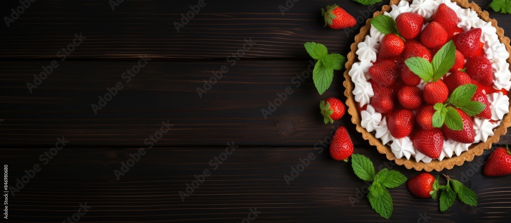 Leinwandbilder Close-up of a delectable pie featuring fresh strawberries and mint leaves placed on a rustic wooden table. with copy space image. Place for adding text or design