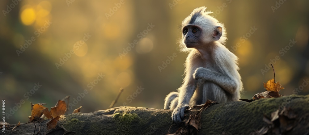 Aufkleber Gray langur monkey perched on a tree stump, observing quietly in a dry forest setting. with copy space image. Place for adding text or design