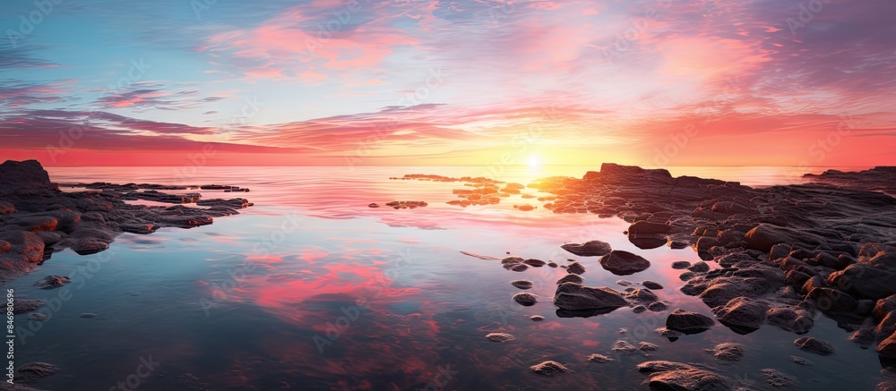 Poster Golden sunset casting reflections on tranquil tide pools surrounded by rocky shores. with copy space image. Place for adding text or design