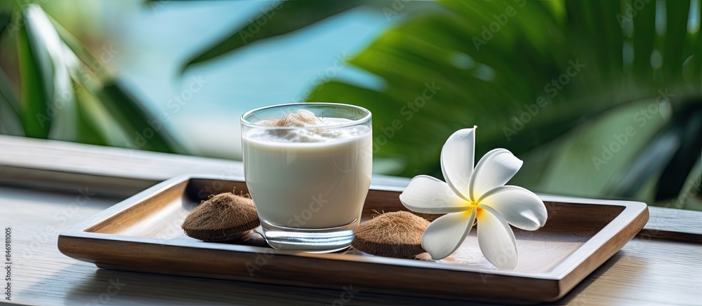 Fototapete glass of milk and a variety of nuts arranged on a tray for a wholesome snack. with copy space image.