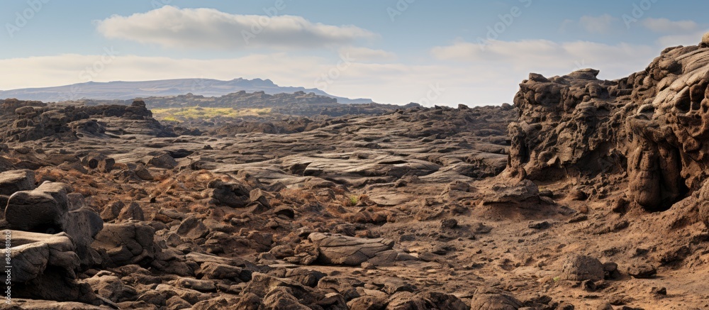 Poster landscape detail of rugged rocky terrain near guatiza in lanzarote, canary islands with scattered tr