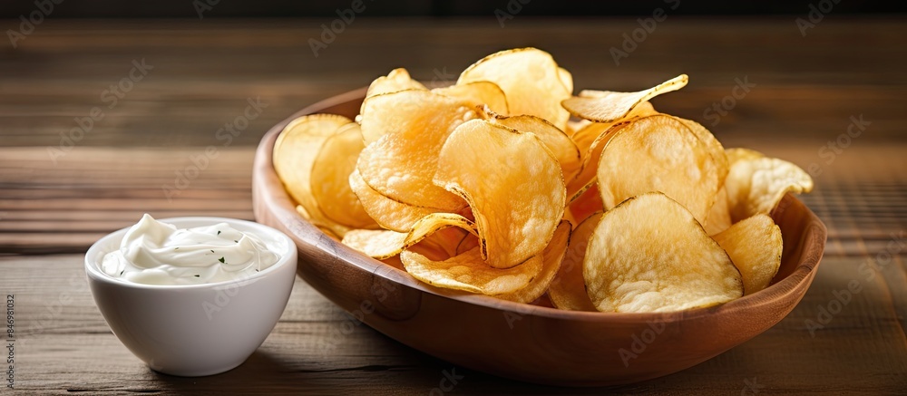 Aufkleber Potato chips served with a side of sour cream dipping sauce arranged on a rustic wooden table. with copy space image. Place for adding text or design