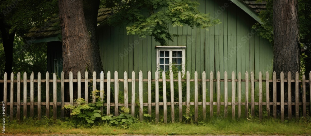 Poster vintage green wooden house situated behind a rustic wooden fence. with copy space image. place for a