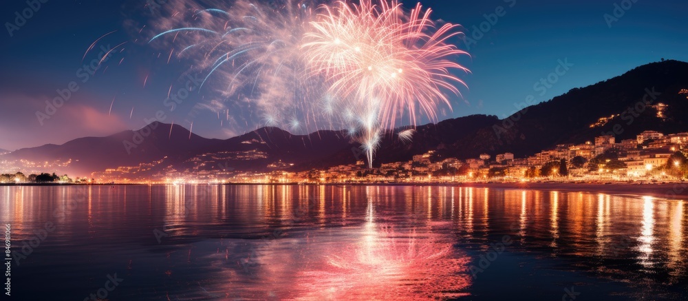 Poster Vibrant fireworks illuminate the night sky over a bustling cityscape near the water during the Fireworks festival in Recco. with copy space image. Place for adding text or design