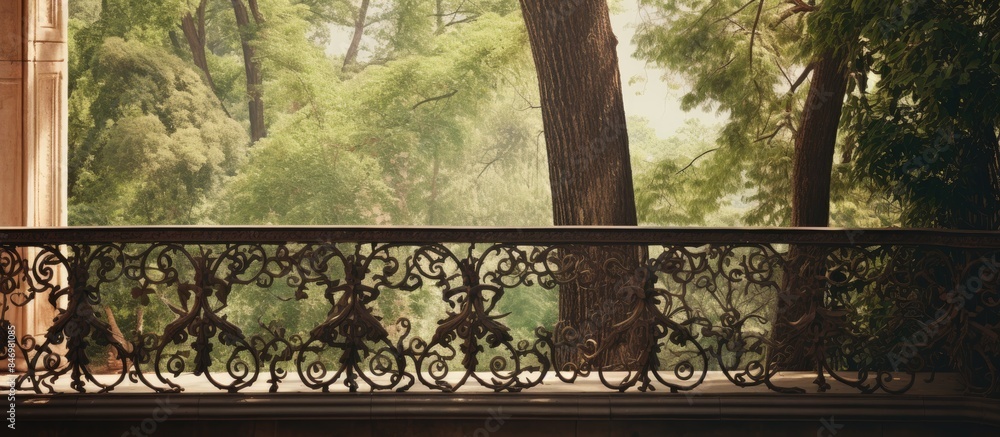 Poster An old rustic balcony made of wrought iron, surrounded by lush trees in a serene setting. with copy space image. Place for adding text or design