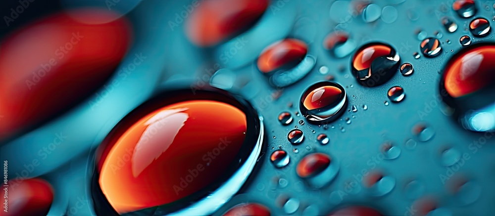 Poster Macro closeup of water droplets on a blue surface. with copy space image. Place for adding text or design
