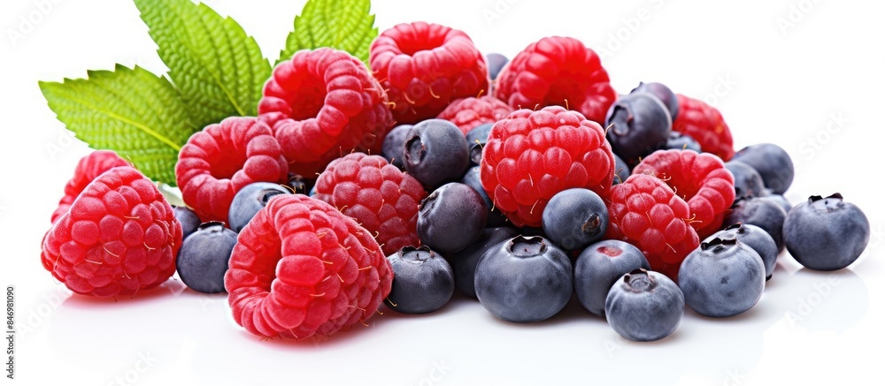 Poster assorted raspberries and blueberries close up, showcasing the vibrant colors and textures of the fru