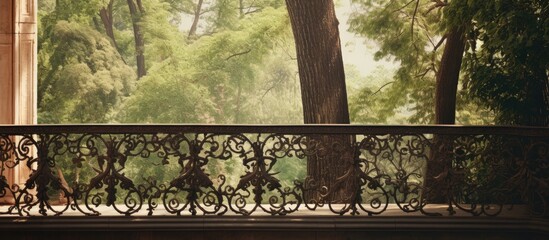 Fototapeta premium An old rustic balcony made of wrought iron, surrounded by lush trees in a serene setting. with copy space image. Place for adding text or design
