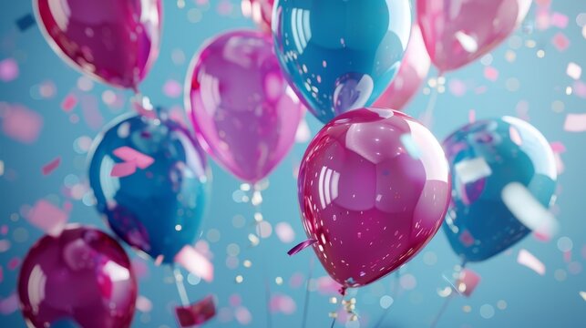 Colorful balloons on blue bokeh background  3d render with festive pink and blue elements