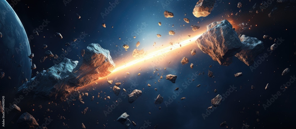 Aufkleber Planet illuminated by a radiant light in the sky, illustrating futuristic space travel and exploration concept. with copy space image. Place for adding text or design