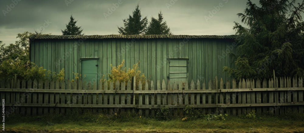 Poster old green wooden house situated behind a wooden fence. with copy space image. place for adding text 